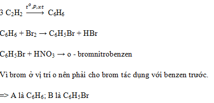 \({C_2}{H_2} \to A \to B \to o - brombenzen\). Công thức của A và B lần lượt là (ảnh 1)
