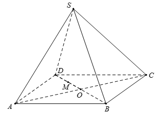 Cho hình chóp S.ABCD có đáy là hình vuông. Gọi O là giao điểm của AC và BD, M là trung điểm của DO,  (ảnh 1)
