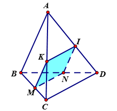 Cho tứ diện ABCD có AB=6, CD=8. Cắt tứ diện bởi một mặt phẳng song song với AB, CD để thiết diện thu được là một hình thoi. Cạnh của hình thoi đó bằngGiả sử một mặt phẳng song song với AB và  (ảnh 1)