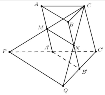 Cho khối lăng trụ ABC.A’B’C’ có thể tích bằng 1. Gọi M, N lần lượt là trung điểm của các đoạn thẳng AA' và BB'. Đường thẳng CM cắt đường thẳng (ảnh 1)