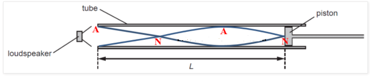 Ống dài hở một đầu. Nó được đóng ở đầu kia bằng một piston có thể di chuyển được dọc theo ống, như hình vẽ. Loa tạo ra âm thanh có tần số 550Hz được đặt gần đầu hở của ống (ảnh 2)