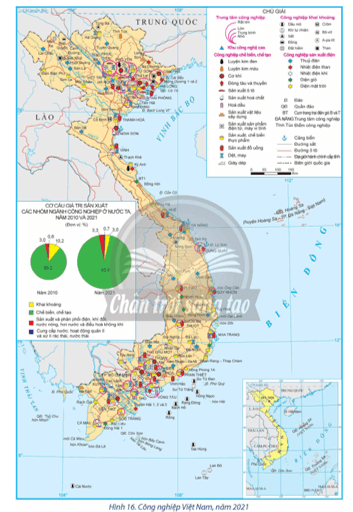 Dựa vào hình 16 và thông tin trong bài, hãy trình bày đặc điểm phát triển và phân bố công nghiệp sản xuất