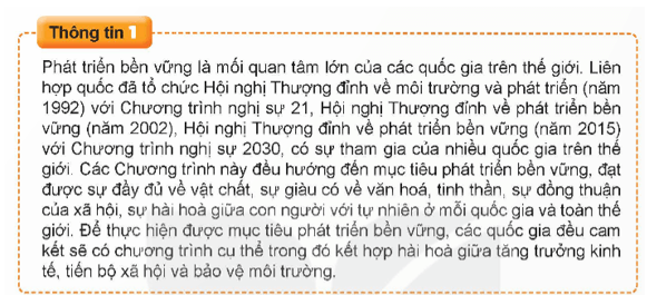 Từ thông tin 1, em hiểu thế nào là phát triển bền vững