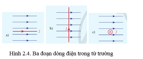 Trường hợp nào trong Hình 2.4 có lực từ tác dụng lên đoạn dòng điện