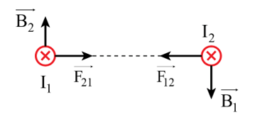 Dùng quy tắc bàn tay trái nghiệm lại chiều của lực từ giữa hai dòng điện thẳng