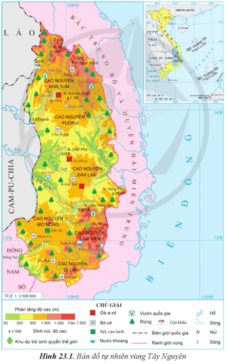 Dựa vào thông tin và hình 23.1 hãy Trình bày vị trí địa lí vùng Tây Nguyên