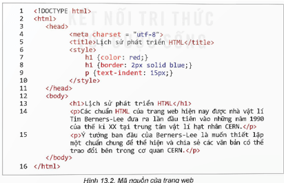 Hình 13.2 là mã nguồn của trang web trong Hình 13.1 em có nhận xét gì