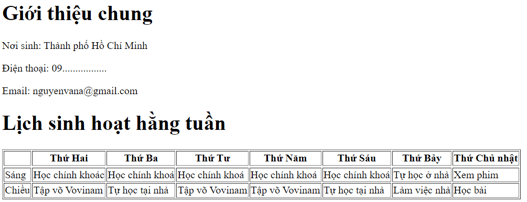 Em hãy bổ sung thêm cột nội dung công việc của các ngày còn lại cho Lịch sinh hoạt