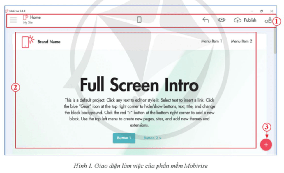 Hãy khám phá giao diện làm việc của phần mềm Mobirise và cho biết cách phần mềm này