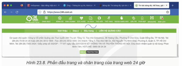 Hãy phân tích phần đầu trang và chân trang của trang web 24 giờ ở Hình 23.8