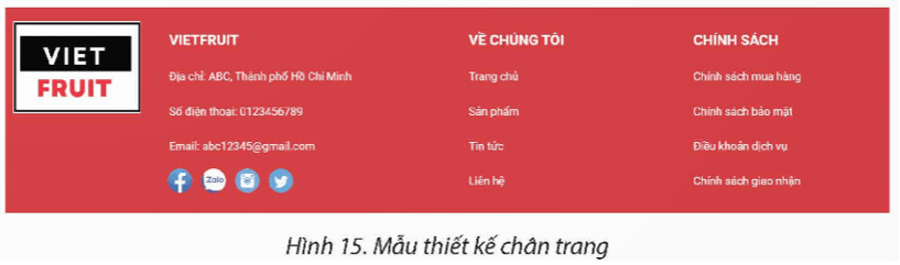 Nhiệm vụ. Thiết kế chân trang. Yêu cầu: Sử dụng trang web chủ đề bán hàng đã thiết kế trong Thực hành