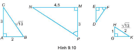 Hãy liệt kê ba cặp tam giác vuông trong Hình 9.10 đồng dạng